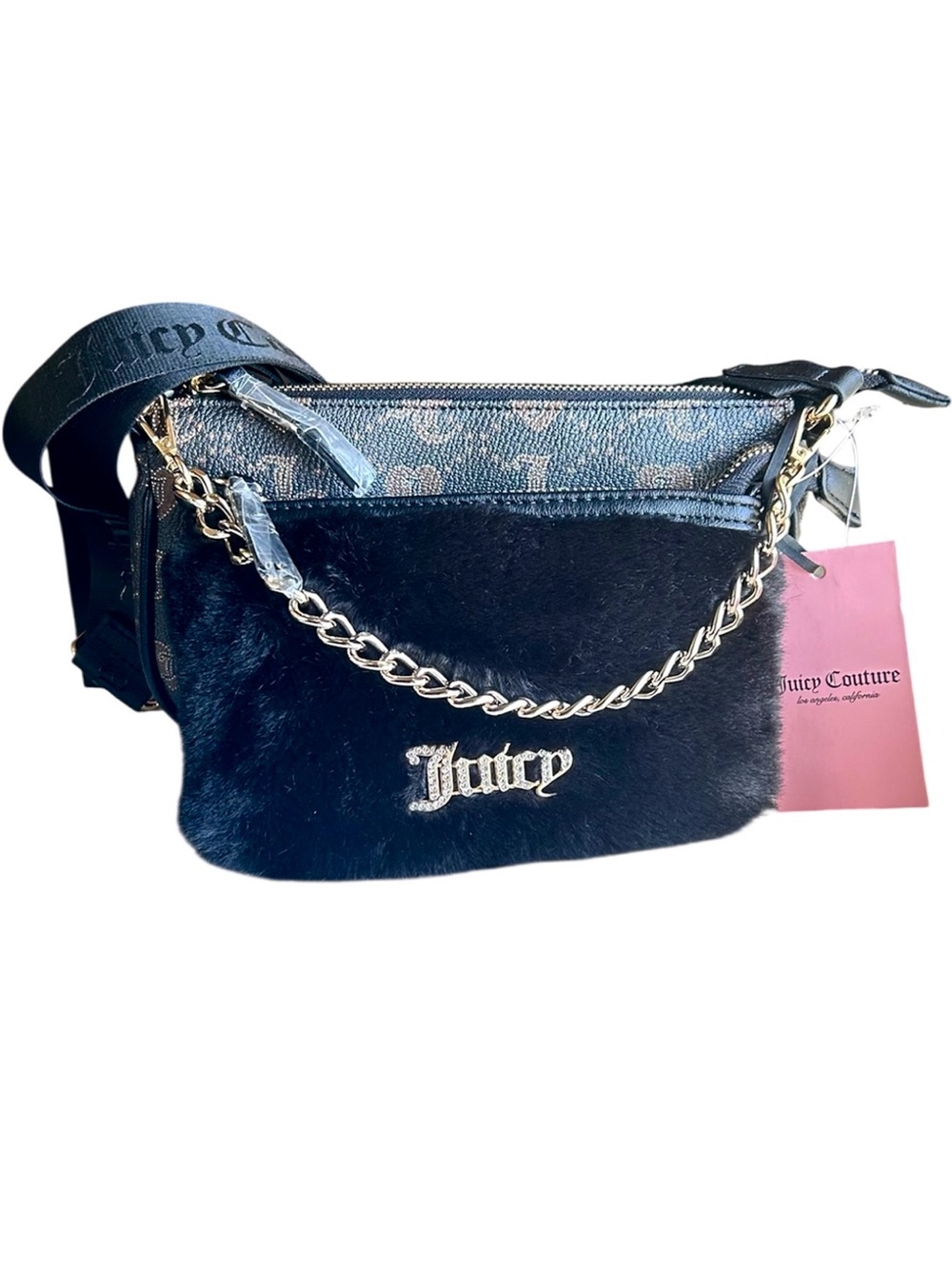 Juicy Couture  2-in-1 Convertible Crossbody & Shoulder Bag Set Black Faux Fur